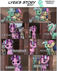 Size: 3929x4903 | Tagged: safe, artist:goatcanon, character:bon bon, character:lyra heartstrings, character:party favor, character:starlight glimmer, character:sweetie drops, comic:lyra's story, 3d, blushing, equal cutie mark, equal town, grin, holding hooves, implied lesbian, implied lyrabon, implied shipping, our town, sleeping, smiling, starlight's village