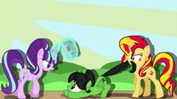Size: 1211x677 | Tagged: safe, artist:chelseawest, character:starlight glimmer, character:sunset shimmer, oc, oc:painted petal, species:pegasus, species:pony, female, magic, mare, tail, tail pull