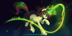 Size: 3464x1732 | Tagged: safe, artist:wilvarin-liadon, oc, oc only, oc:northern spring, species:pony, species:unicorn, commission, ear fluff, female, glowing horn, magic, magic glow, mare, simple background, solo, unshorn fetlocks, ych result