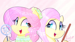 Size: 1920x1080 | Tagged: safe, artist:lynchristina, character:fluttershy, species:pegasus, species:pony, episode:so much more to me, g4, my little pony: equestria girls, my little pony:equestria girls, bust, cute, duality, equestria girls ponified, female, looking at each other, looking sideways, mare, ponified, portrait, shyabetes, singing, smiling