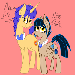 Size: 5000x5000 | Tagged: safe, artist:chelseawest, oc, oc only, oc:amber fire, oc:blue flare, species:pony, species:unicorn, absurd resolution, female, male, mare, pink background, simple background, stallion