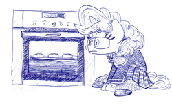 Size: 1280x791 | Tagged: safe, artist:shoeunit, character:sugar belle, species:pony, species:unicorn, baking, clothing, female, mare, oven, school uniform, solo, traditional art