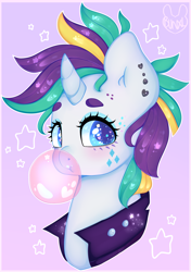 Size: 2429x3452 | Tagged: safe, artist:bunxl, character:rarity, species:pony, species:unicorn, alternate hairstyle, bubblegum, ear piercing, earring, female, food, gum, jewelry, looking at you, mare, piercing, punk, punkity, solo
