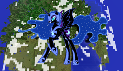 Size: 1440x838 | Tagged: safe, artist:moongazeponies, artist:theunknown644, character:nightmare moon, character:princess luna, species:alicorn, species:pony, 3d, armor, crossover, ethereal mane, female, galaxy mane, game screencap, minecraft, minecraft pixel art, pixel art, raised hoof, solo