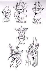 Size: 656x1004 | Tagged: safe, artist:kuroneko, derpibooru original, character:ocellus, character:pharynx, character:prince pharynx, character:queen chrysalis, character:thorax, species:changeling, species:reformed changeling, episode:school daze, g4, my little pony: friendship is magic, fabulous, female, food, ink drawing, king thorax the fabulous, lineart, male, monochrome, purified chrysalis, simple background, soup, soupling, sparkles, traditional art, white background