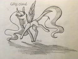 Size: 4032x3024 | Tagged: safe, artist:sweetmelon556, oc, oc:lilly cloud, species:pegasus, species:pony, female, mare, monochrome, solo, traditional art