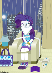 Size: 755x1057 | Tagged: safe, artist:robukun, character:rarity, g4, my little pony: equestria girls, my little pony:equestria girls, bag, bondage, book, chair, female, gag, lamp, rope, rope bondage, solo, tied up