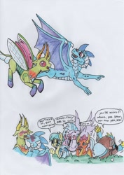Size: 1151x1626 | Tagged: safe, artist:kuroneko, derpibooru original, character:gallus, character:ocellus, character:princess ember, character:sandbar, character:silverstream, character:smolder, character:thorax, character:yona, species:changeling, species:classical hippogriff, species:dragon, species:earth pony, species:griffon, species:hippogriff, species:pony, species:reformed changeling, species:yak, awkward, blushing, blushing profusely, bush, changeling king, colored pencil drawing, dialogue, dragoness, embrax, eww, female, flying, gona, interspecies, kissing, looking at each other, male, shipping, simple background, speech bubble, stallion, straight, student six, traditional art, white background
