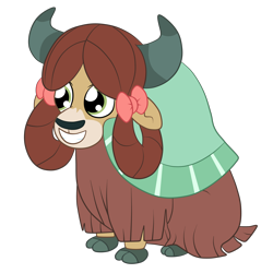 Size: 3000x3000 | Tagged: safe, artist:squipycheetah, character:yona, species:yak, spoiler:s08, bow, cute, female, hair bow, happy, monkey swings, simple background, sitting, smiling, solo, transparent background, yonadorable