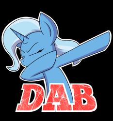 Size: 657x705 | Tagged: safe, artist:pandramodo, artist:pj-nsfw, character:trixie, species:pony, species:unicorn, black background, dab, eyes closed, female, image macro, mare, meme, simple background, solo