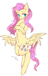Size: 582x917 | Tagged: safe, artist:divided-s, character:fluttershy, species:pegasus, species:pony, blushing, butt wings, female, looking at you, mare, simple background, solo, white background