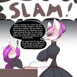 Size: 1250x1250 | Tagged: safe, artist:darkestmbongo, oc, oc only, oc:d.d, species:anthro, species:earth pony, species:pony, comic:ddthemaid memories, arm hooves, ask ddthemaid, big breasts, boop, breasts, clothing, comic, cross-popping veins, dialogue, dress, female, grammar error, intimidating, questionable series, skirt, slam, surprised, sweat, sweatdrop, sweater, turtleneck
