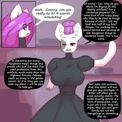 Size: 1250x1250 | Tagged: safe, artist:darkestmbongo, oc, oc only, oc:d.d, unnamed oc, species:anthro, species:earth pony, species:pony, comic:ddthemaid memories, amputee, arm hooves, ask ddthemaid, big breasts, boop, breasts, burned, clothing, comic, dialogue, dress, female, grammar error, intimidating, missing arm, questionable series, scar, shelves, skirt, smiling, stump, sweat