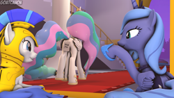 Size: 3840x2160 | Tagged: safe, artist:goatcanon, character:princess celestia, character:princess luna, oc, oc:general strawcream, species:pony, 3d, canterlot, canterlot castle, female, guardsmare, kick me, mare, prank, royal guard, s1 luna, this will end in tears and/or a journey to the moon