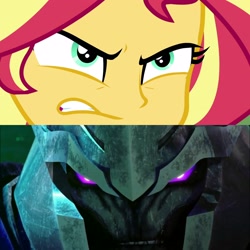 Size: 2560x2560 | Tagged: safe, artist:optimussparkle, character:sunset shimmer, equestria girls:forgotten friendship, g4, my little pony: equestria girls, my little pony:equestria girls, angry, clash of hasbro's titans, comparison, megatron, purple eyes, transformers, transformers prime