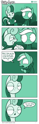 Size: 726x2266 | Tagged: safe, artist:dori-to, character:bon bon, character:lyra heartstrings, character:sweetie drops, species:pony, comic:silly lyra, bon bon is not amused, book, clothing, comic, dialogue, female, green background, greenscale, hoodie, monochrome, silly lyra, speech bubble, unamused