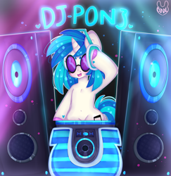 Size: 3400x3500 | Tagged: safe, artist:bunxl, character:dj pon-3, character:vinyl scratch, species:pony, species:unicorn, belly button, female, headphones, mare, solo, sunglasses, turntable