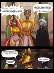 Size: 1000x1360 | Tagged: safe, artist:darkestmbongo, oc, oc only, unnamed oc, species:anthro, species:earth pony, species:pony, species:unicorn, comic:ddthemaid memories, arm hooves, armor, ask ddthemaid, breasts, clothing, comic, dialogue, female, grammar error, hallway, male, pillar, questionable series, unconvincing armor