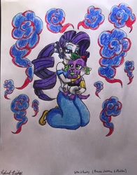 Size: 2607x3331 | Tagged: safe, artist:bozzerkazooers, character:rarity, character:spike, species:dog, my little pony:equestria girls, aladdin, clothing, cosplay, costume, crossover, hug, ponytail, spike the dog, traditional art