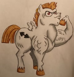 Size: 2496x2606 | Tagged: safe, artist:bozzerkazooers, character:bulk biceps, species:pegasus, species:pony, flexing, male, muscles, raised hoof, showing off, solo, traditional art, vein bulge