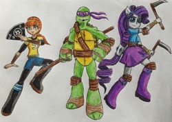 Size: 2678x1909 | Tagged: safe, artist:bozzerkazooers, character:rarity, my little pony:equestria girls, action pose, april o'neil, donatello, fan, ponied up, sickle, teenage mutant ninja turtles, tmnt 2012, traditional art