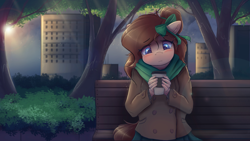 Size: 9144x5144 | Tagged: safe, artist:ardail, oc, oc only, oc:mocha latte, species:anthro, species:earth pony, species:pony, absurd resolution, anthro oc, bench, bow, clothing, coat, coffee, cute, female, floppy ears, frown, hair bow, mare, park, scarf, sitting, solo, tree, vent art