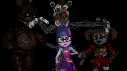 Size: 1920x1080 | Tagged: safe, artist:optimussparkle, character:twilight sparkle, character:twilight sparkle (scitwi), species:eqg human, my little pony:equestria girls, 3d, chase, circus baby, five nights at freddy's, freddy fazbear's pizzeria simulator, ignited freddy, molten freddy, scared, scrap baby, source filmmaker, the joy of creation
