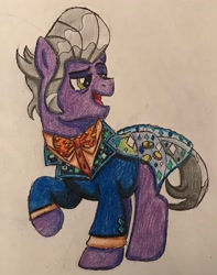 Size: 2100x2662 | Tagged: safe, artist:bozzerkazooers, character:gladmane, species:earth pony, species:pony, episode:viva las pegasus, g4, my little pony: friendship is magic, clothing, male, open mouth, raised hoof, solo, stallion, traditional art