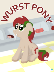 Size: 632x842 | Tagged: safe, artist:quint-t-w, oc, oc only, unnamed oc, species:pony, bacon, butcher, female, floppy ears, food, mare, meat, pun, sabertooth pony, sad, sausage, sitting, tile, two toned mane, unshorn fetlocks, worst pony, wurst