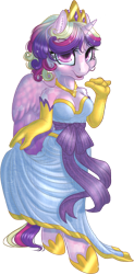 Size: 681x1386 | Tagged: safe, artist:kittehkatbar, character:princess cadance, species:anthro, species:unguligrade anthro, alternate hairstyle, clothing, crown, dress, gloves, hooves, jewelry, necklace, regalia, ribbon, short hair, simple background, tiara, transparent background