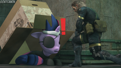 Size: 3840x2160 | Tagged: safe, artist:goatcanon, character:twilight sparkle, 3d, big boss, box, cardboard box, crossover, duo, exclamation point, eyepatch, future twilight, metal gear, metal gear solid, source filmmaker