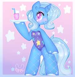 Size: 3400x3500 | Tagged: safe, artist:bunxl, character:trixie, species:pony, species:unicorn, bipedal, clothing, cute, diatrixes, female, fishnets, glass, heart eyes, leotard, looking at you, mare, solo, starry eyes, tray, waitress, wingding eyes