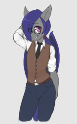 Size: 1200x1920 | Tagged: safe, artist:skecchiart, oc, oc:dusk rhine, species:anthro, species:bat pony, species:pony, adorkable, clothing, cute, dork, fancy, femboy, girly, glasses, hair over one eye, looking at you, male, necktie, nervous, ponytail, shy, solo, stallion, vest