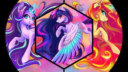 Size: 1920x1080 | Tagged: safe, artist:wilvarin-liadon, edit, character:starlight glimmer, character:sunset shimmer, character:twilight sparkle, character:twilight sparkle (alicorn), species:alicorn, species:pony, species:unicorn, circle, color porn, colored wings, crown, eyestrain warning, female, flying, glowing horn, hexagon, impossibly large hair, impossibly large tail, jewelry, jumping, long hair, long mane, long tail, mare, multicolored wings, rainbow power, regalia, remake, smiling, sts trinity, wallpaper