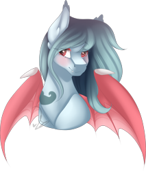 Size: 1532x1801 | Tagged: safe, artist:mauuwde, oc, oc only, oc:umi, species:bat pony, species:pony, bat wings, blushing, bust, colored wings, ear fluff, fangs, female, lightly watermarked, looking at you, mare, red eyes, simple background, solo, spread wings, transparent background, watermark, wing claws, wings