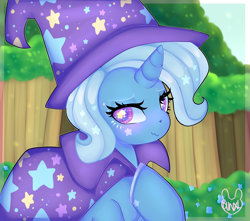 Size: 3400x3000 | Tagged: safe, artist:bunxl, character:trixie, species:pony, species:unicorn, :3, blushing, cape, clothing, female, hat, lidded eyes, looking at you, mare, solo, trixie's cape, trixie's hat