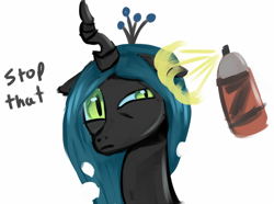 Size: 800x596 | Tagged: safe, artist:tggeko, character:queen chrysalis, species:changeling, bug spray, changeling queen, fanfic, female, solo, wat