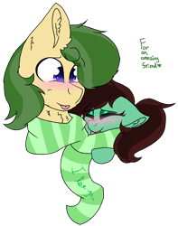 Size: 1391x1767 | Tagged: safe, artist:brokensilence, oc, oc:mossy vine, oc:peppermint swirl, species:pony, blushing, clothing, eyeshadow, female, makeup, male, mare, ponytail, scarf, shipping, simple background, stallion, tongue out, transparent background