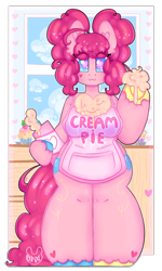 Size: 2218x3700 | Tagged: safe, artist:bunxl, character:pinkie pie, species:earth pony, species:pony, apron, clothing, female, food, impossibly thick legs, mare, naked apron, semi-anthro, solo, whipped cream