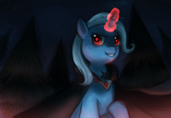 Size: 1280x880 | Tagged: dead source, safe, artist:cherivinca, character:trixie, species:pony, species:unicorn, alicorn amulet, cape, clothing, female, glowing horn, mare, night, night sky, sky, smiling, solo, tree