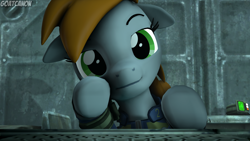 Size: 3840x2160 | Tagged: safe, artist:goatcanon, oc, oc:littlepip, species:pony, species:unicorn, fallout equestria, 3d, clothing, commission, fallout, fanfic, fanfic art, female, floppy ears, hooves, horn, looking at you, mare, pipbuck, smiling, smirk, solo, source filmmaker, stable, stable-tec, vault suit