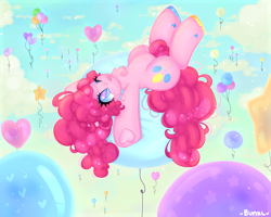 Size: 4000x3200 | Tagged: safe, artist:bunxl, character:pinkie pie, species:earth pony, species:pony, balloon, belly, chubby, female, floating, mare, solo, then watch her balloons lift her up to the sky, tongue out