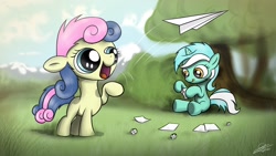 Size: 1920x1080 | Tagged: safe, artist:dori-to, character:bon bon, character:lyra heartstrings, character:sweetie drops, species:earth pony, species:pony, species:unicorn, duo, female, filly, filly lyra, foal, happy, paper airplane, paper plane, tongue out, wallpaper