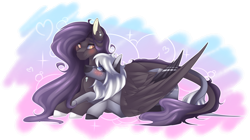 Size: 3231x1808 | Tagged: safe, artist:mauuwde, oc, oc only, oc:ender heart, oc:nisha, species:pegasus, species:pony, female, hug, intertwined tails, leonine tail, mare, prone, simple background, tail, transparent background, winghug