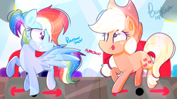 Size: 1920x1080 | Tagged: safe, artist:lynchristina, character:applejack, character:rainbow dash, species:earth pony, species:pegasus, species:pony, applejack's hat, clothing, cowboy hat, dance dance revolution, duo, female, hat, mare, rhythm game, tongue out