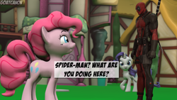 Size: 3840x2160 | Tagged: safe, artist:goatcanon, character:pinkie pie, character:rarity, species:pony, 3d, crossover, deadpool, marvel, marvel comics, ponyville, source filmmaker, spider-man, trio