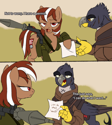 Size: 2480x2760 | Tagged: safe, artist:mellowhen, oc, oc only, oc:roulette, species:griffon, fallout equestria, 2 panel comic, armor, clothing, comic, dialogue, griffon oc, hoof hold, looking at you, meme, meme origin, military, ncr, open mouth, parks and recreation, rocket launcher, ron swanson, rpg-7