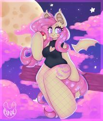 Size: 3400x4000 | Tagged: safe, artist:bunxl, character:flutterbat, character:fluttershy, species:anthro, species:bat pony, species:pony, species:unguligrade anthro, apple, cleavage window, female, fishnets, food, looking at you, mare, race swap, solo