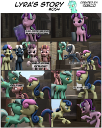 Size: 3928x4903 | Tagged: safe, artist:goatcanon, character:bon bon, character:lyra heartstrings, character:night glider, character:starlight glimmer, character:sugar belle, character:sweetie drops, comic:lyra's story, episode:the cutie map, g4, my little pony: friendship is magic, 3d, bacon braids, book, comic, equal cutie mark, equal town, hug, implied lesbian, implied lyrabon, implied shipping, our town, source filmmaker, starlight's village