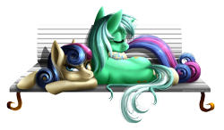 Size: 1200x700 | Tagged: safe, artist:kittehkatbar, character:bon bon, character:lyra heartstrings, character:sweetie drops, species:earth pony, species:pony, species:unicorn, ship:lyrabon, bench, duo, female, lesbian, mare, pony pillow, prone, shipping, simple background, transparent background